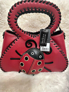 VEGAN Ladybug Embellished Shoulder Bag in Red & Black NWT